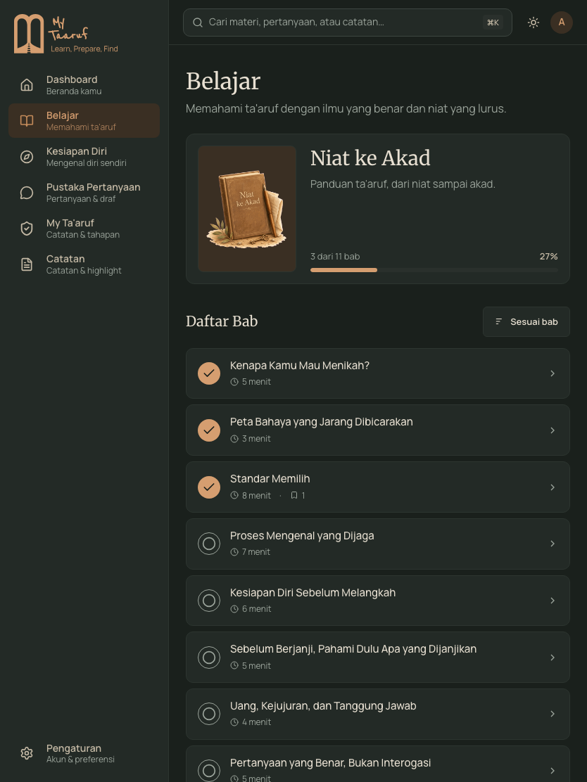 Tampilan aplikasi: daftar sebelas bab materi 'Niat ke Akad' di Belajar, dari 'Kenapa Kamu Mau Menikah?' sampai 'Merayakan dengan Cara yang Benar'.