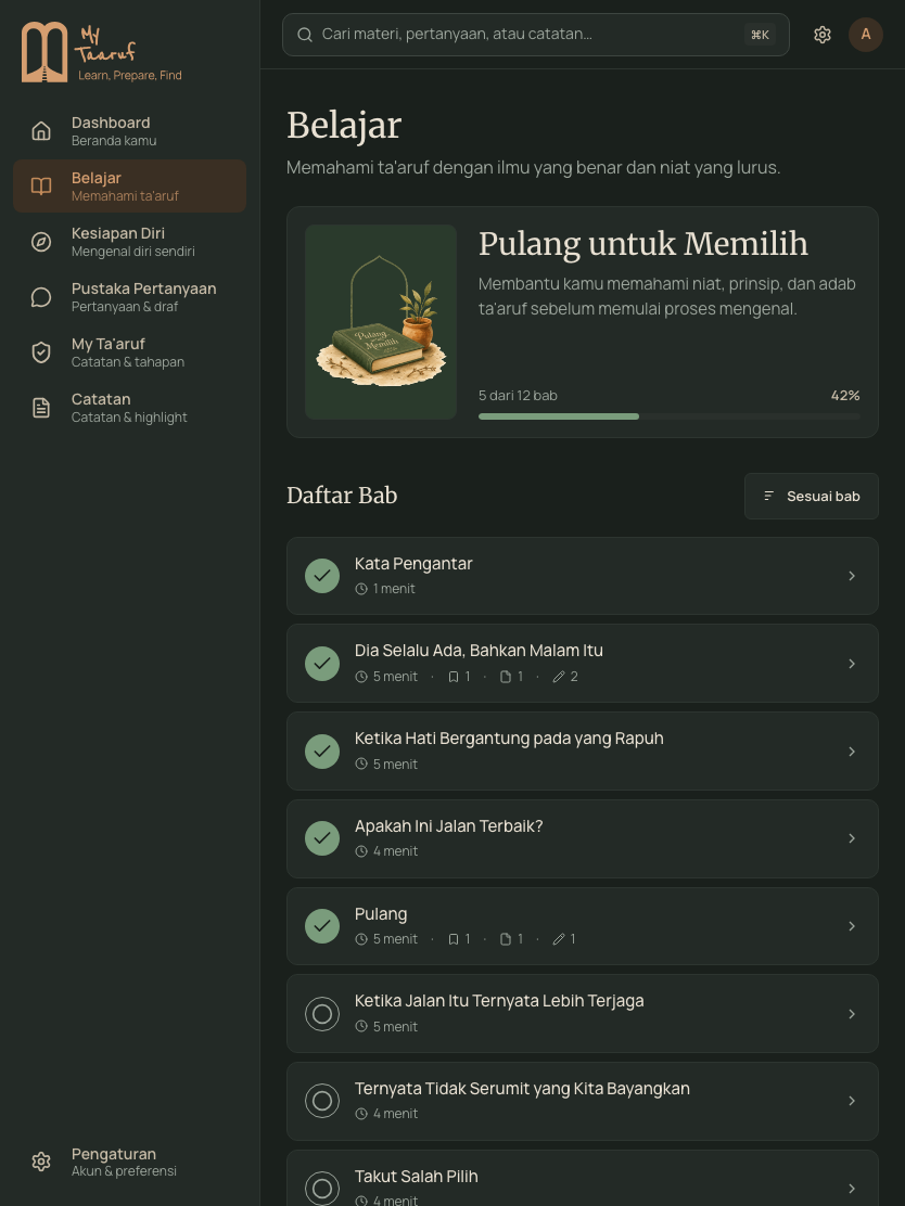Tampilan aplikasi: daftar sebelas bab di Belajar, dari 'Dia Selalu Ada, Bahkan Malam Itu' sampai 'Sejak Awal Allah Selalu Melihat'.