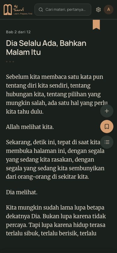 Tampilan aplikasi: bab Dia Selalu Ada, Bahkan Malam Itu terbuka di reader.